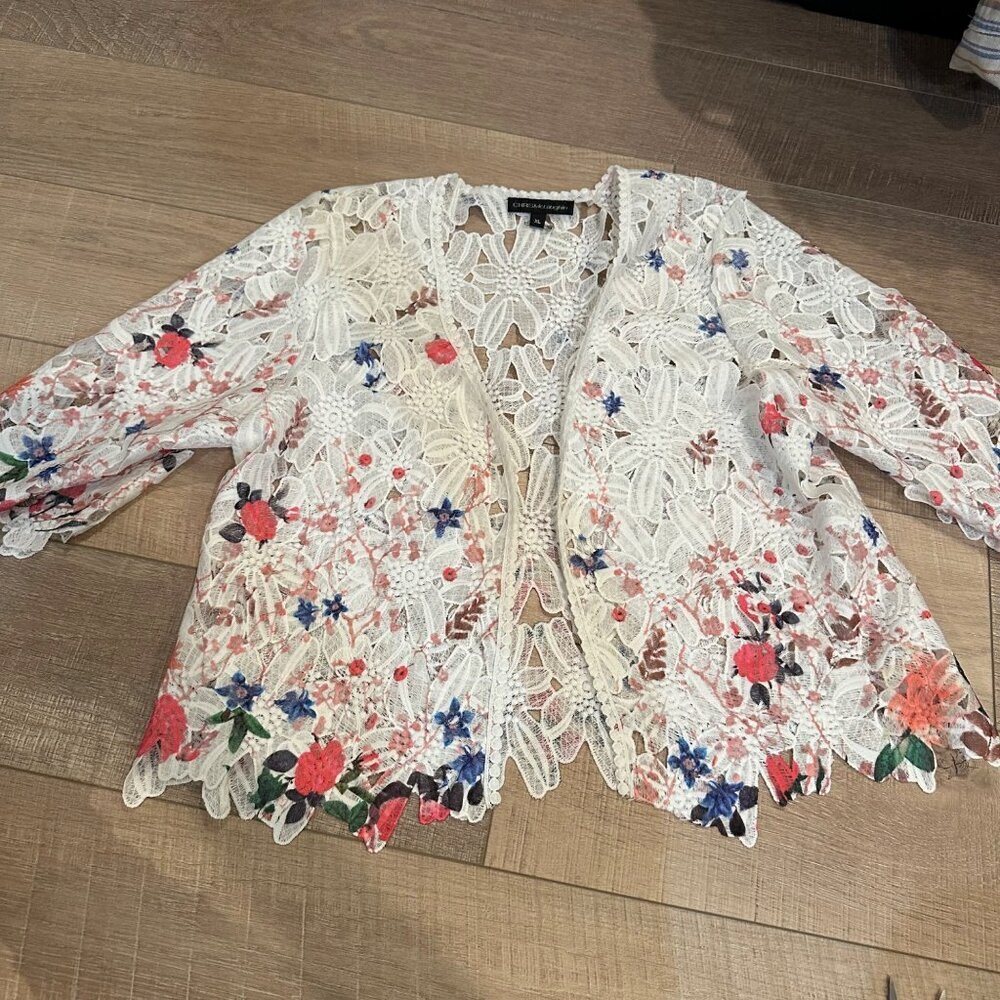CHRIS MCLAUGHLIN WOMENS XL LACE FLORAL CARDIGAN WHITE
